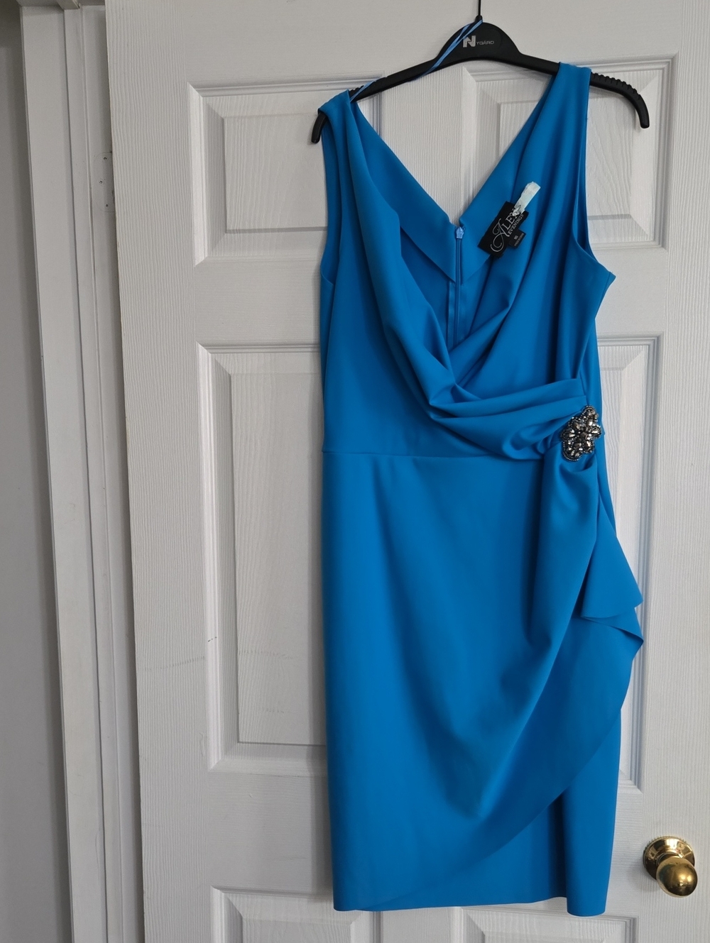 Alex Evenings Bright Blue Turquoise Draped Sleeveless Midi Dress with Brooch